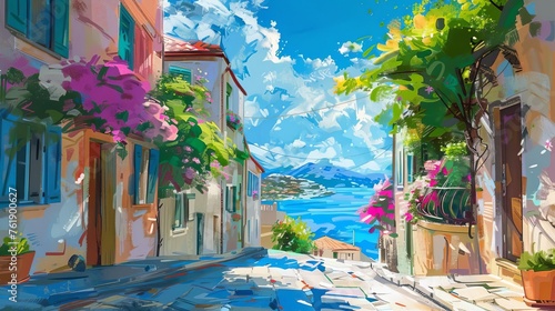 Picturesque Mediterranean Coastal Town with Vibrant Architecture, Digital Oil Painting © Jelena