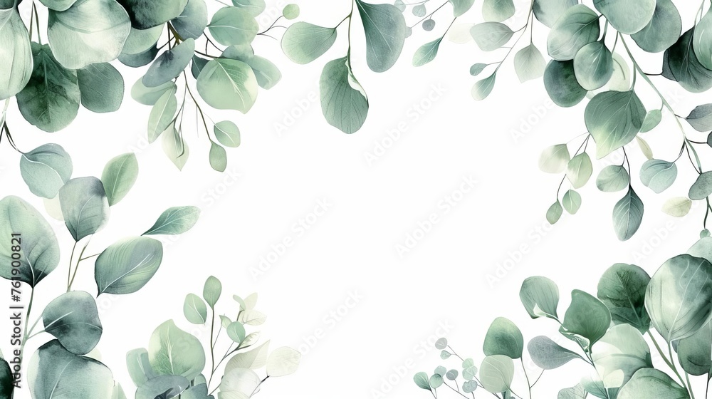 Serene watercolor border frame with delicate eucalyptus leaves and twigs - obrazy, fototapety, plakaty 