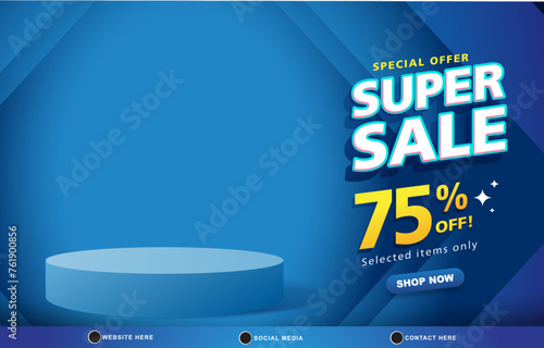 special offer super sale discount template banner with blank space 3d podium for product sale with abstract gradient blue background design