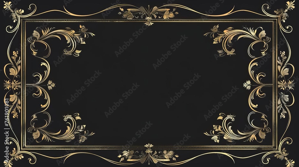 Vintage Gold Rectangle Frame Illustration for Web Presentation, Double Line Horizontal Border in Oriental Style for 16x9 Projects