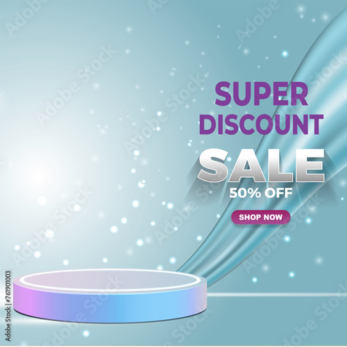 super discount sale template banner with blank space 3d podium for product sale with abstract gradient blue and white background design