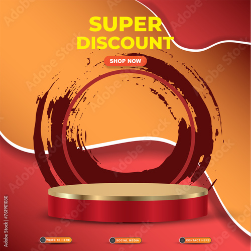 super discount sale template banner with blank space 3d podium for product sale with abstract gradient red and orange background design2
