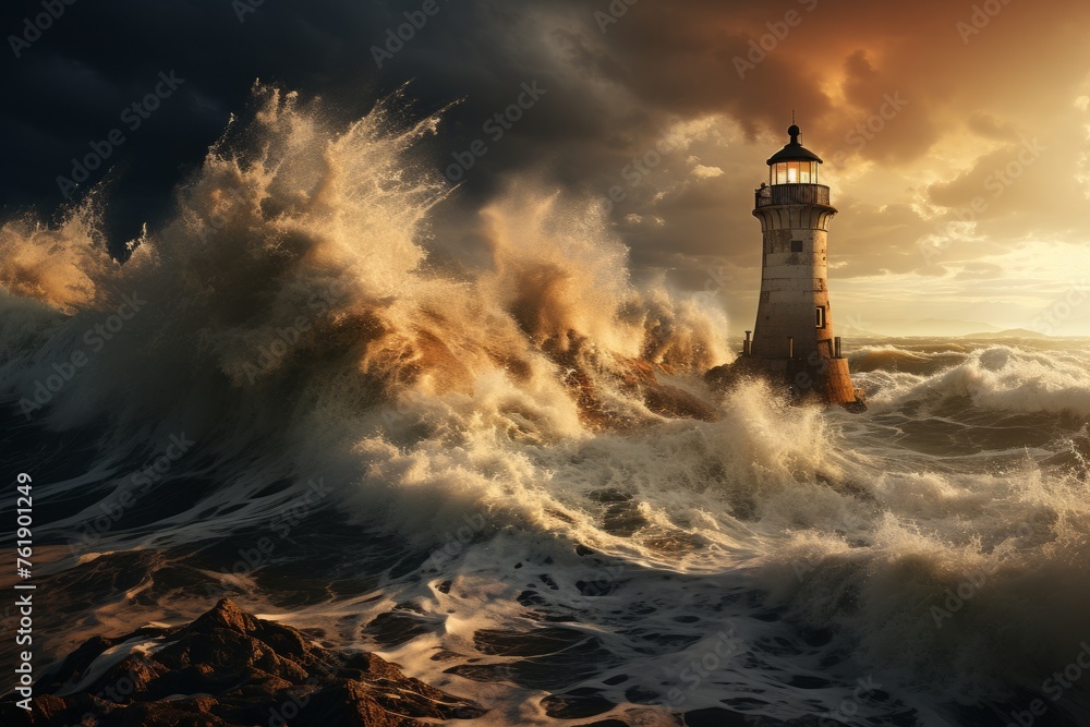 a lighthouse in the middle of a stormy ocean surrounded by waves