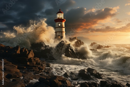 Lighthouse tower on rocky shore under sunset sky, with waves crashing against it