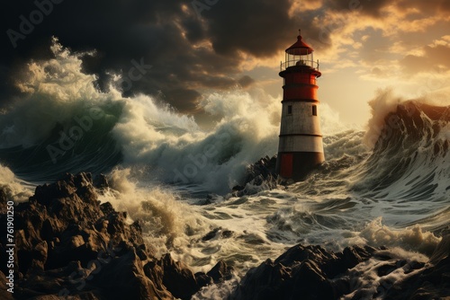 a lighthouse in the middle of the ocean surrounded by waves