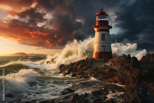 Lighthouse beacon stands tall on rocky shore, waves crashing under cloudy sky