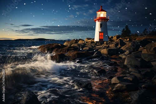 A lighthouse on rocky shore by ocean at night, beacon in sky