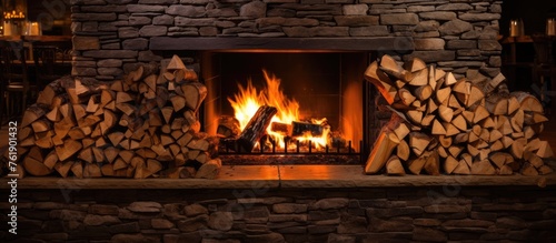 Burning wood logs in a fireplace at a mountain eatery