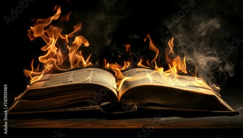 Enigmatic Flames Engulfing an Open Book on a Dark Background