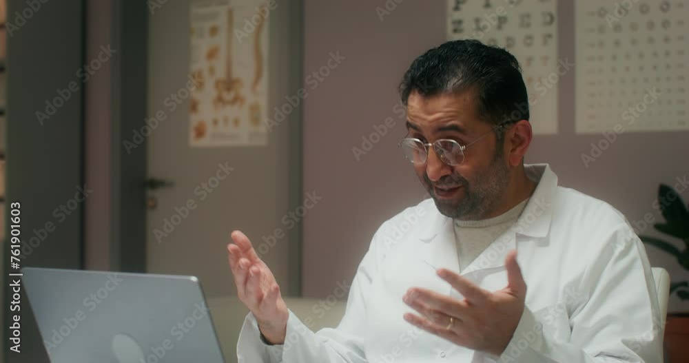 The doctor is talking on a video chat on a laptop sitting at a table in the medical office at the clinic The doctor is talking on a video chat on a laptop sitting at a table in the medical office at the clinic