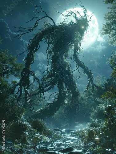 Surreal 3D scene of a plant monster, roots twisting into feet, and branches forming arms, awakening in a mystical grove under moonlight