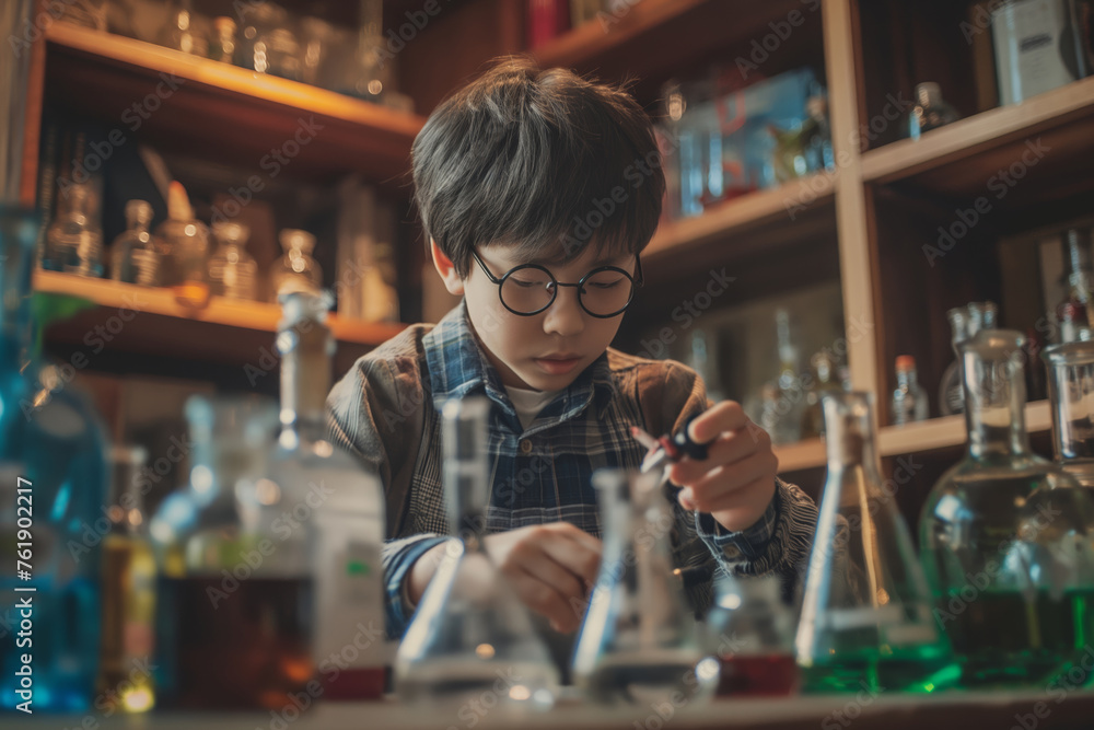 a young child scientist learning chemistry in an old laboratory