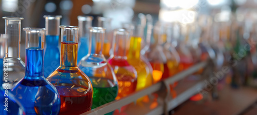 glass beakers and vials in a laboratory filled with chemicals and experiments 