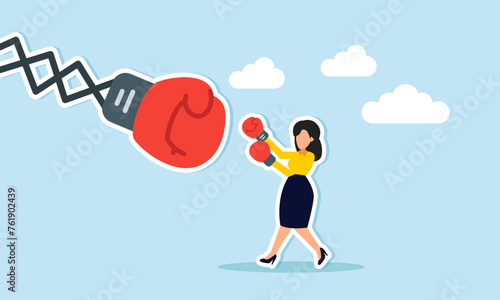 Woman power and feminism challenge gender equality in career competitiveness. A strong businesswoman executive wears boxing gloves, fighting with determination