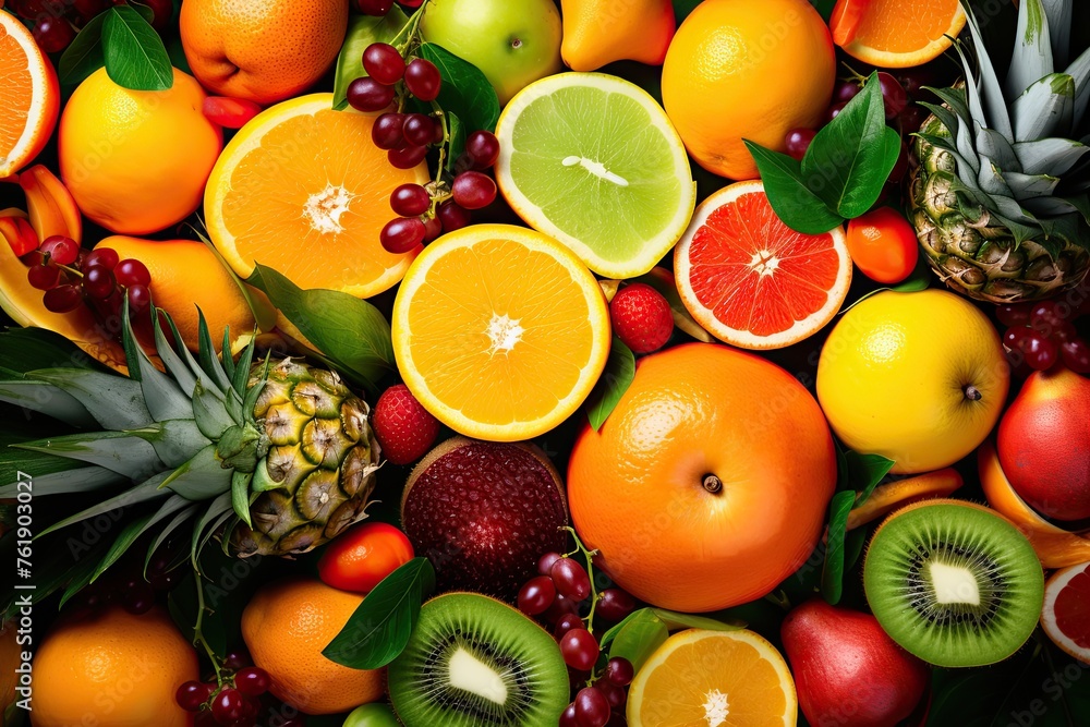 Assortment of fresh exotic fruits as background top