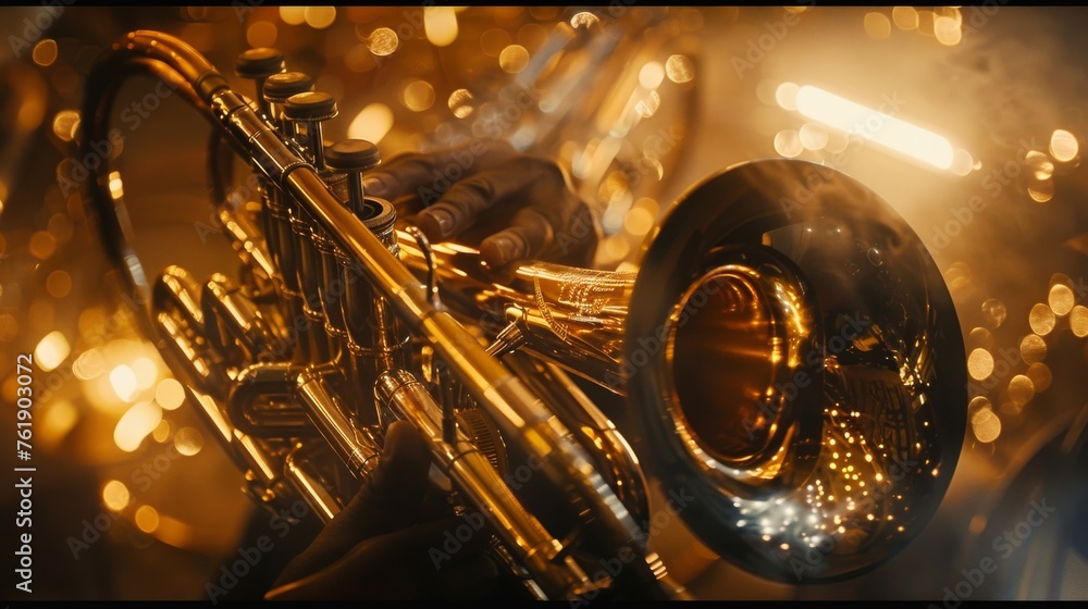 Highlight the contrast between the warm tones of brass instruments and the cool tones of the surroundings