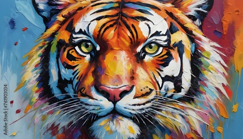 portrait art - Colorful abstract oil acrylic painting of colorful tiger  pallet knife on canvas created with generative ai