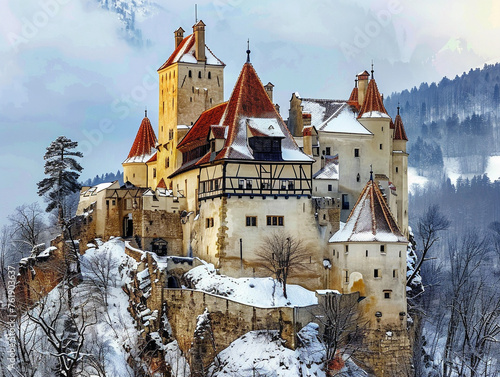 Bran Castle in Transylvania, Romania, surrounded by trees and mountains under a beautiful sky.