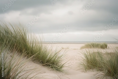 Beach Grass in Soft Focus with Sandy Shore and White Sky. Generative AI. 