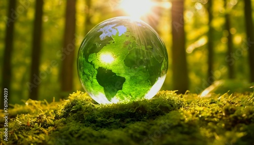 Global climate protection  environment concept  ecology - Crystal ball earth globe on moss in green forest with sunshine wallpaper for world earth environment day created with generative ai