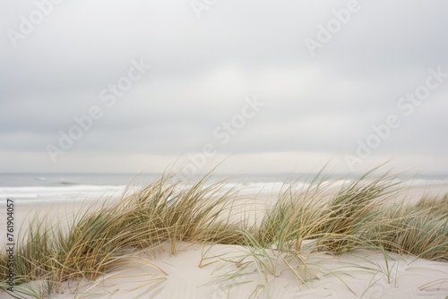 Beach Grass in Soft Focus with Sandy Shore and White Sky. Generative AI. 