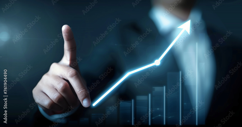 Businessman Interacting with Glowing Growth Arrow on Virtual Screen. Development and growth concept. Businessman Interacting with Glowing Growth Arrow on Virtual Screen. Development and growth concept.