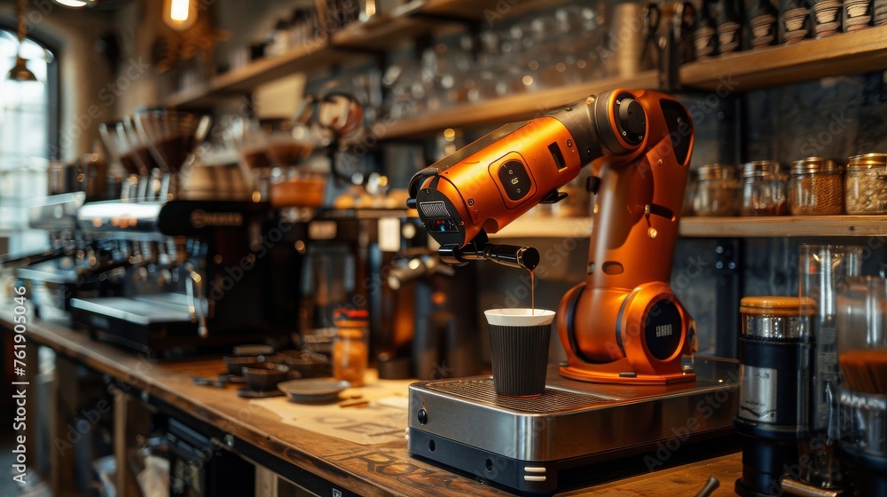 Fototapeta premium Barista Robot Arm Pouring Coffee in a Modern Cafe Setting