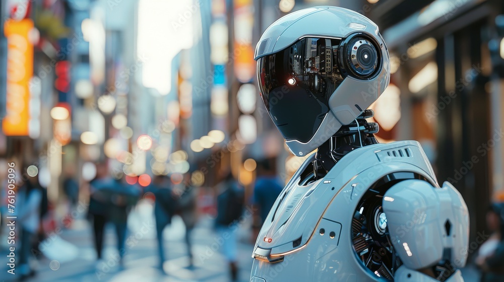Autonomous Police Robot Patrolling Urban Street at Dusk in Futuristic City Autonomous Police Robot Patrolling Urban Street at Dusk in Futuristic City