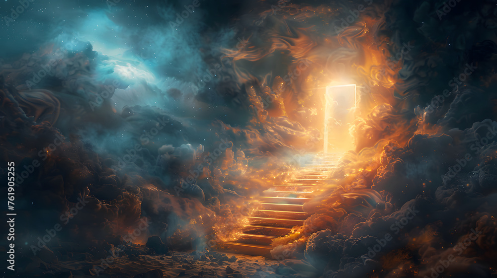 A heaven stairway is shown, the gate surrounded by fire and smoke, leading to a door of light at the top. - obrazy, fototapety, plakaty 