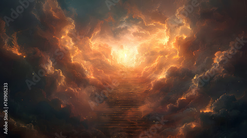 A heaven stairway is shown, the gate surrounded by fire and smoke, leading to a door of light at the top.