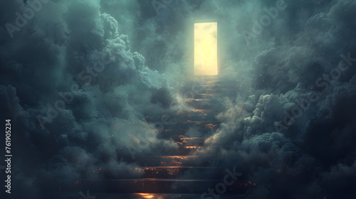 A heaven stairway is shown, the gate surrounded by fire and smoke, leading to a door of light at the top.