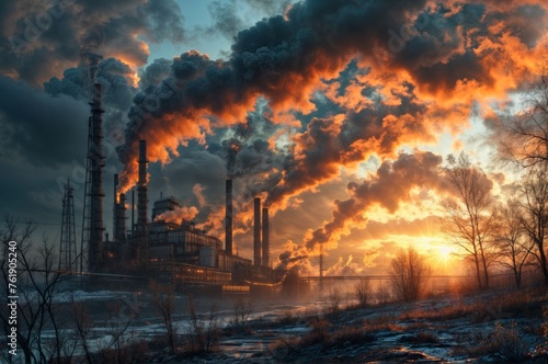 Industrial landscape with smokestack at sunset