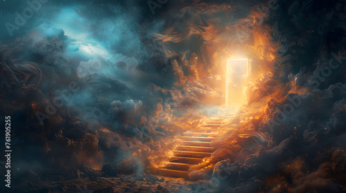 A heaven stairway is shown, the gate surrounded by fire and smoke, leading to a door of light at the top. © wing