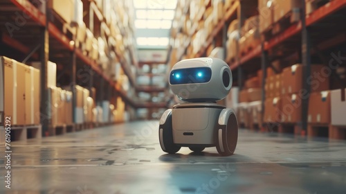 Friendly Warehouse Inventory Robot Navigating Aisles in a Storage Facility 