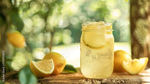 A jar of homemade lemonade its label adorned with a whimsical illustration of a picnic scene.