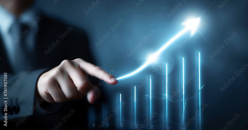 Businessman Interacting with Glowing Growth Arrow on Virtual Screen. Development and growth concept. Businessman Interacting with Glowing Growth Arrow on Virtual Screen. Development and growth concept.