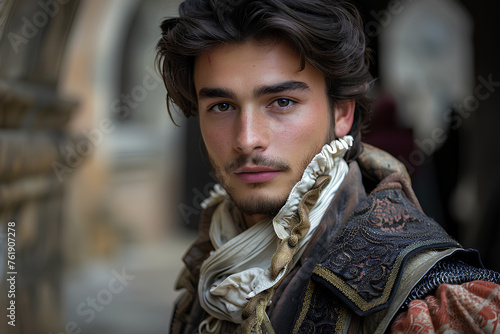 a handsome dark haired young man, medieval, finely dressed. generative AI