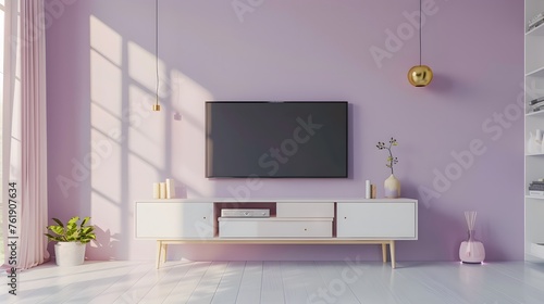 Interior mock up living room. cabinet for TV or place object in modern living room with lamp,table,flower and plant