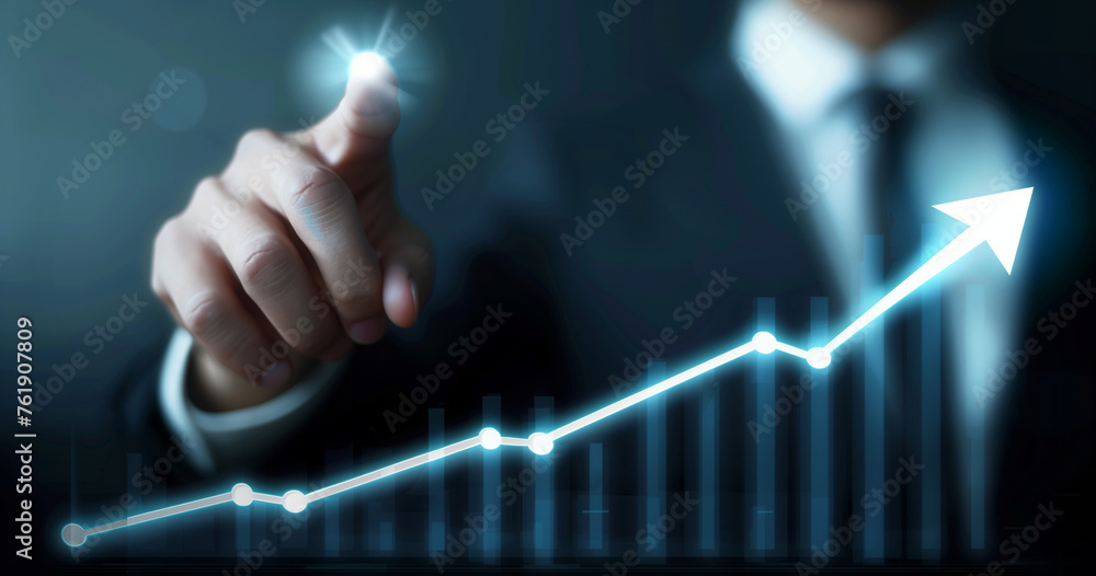 Businessman Interacting with Glowing Growth Arrow on Virtual Screen. Development and growth concept. Businessman Interacting with Glowing Growth Arrow on Virtual Screen. Development and growth concept.