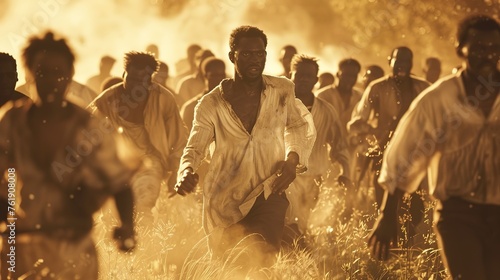 Army of black people wearing white clothing, representative of african american slavery, sepia colors, faces out of focus. The background suggests a plantation around 1830, revolt, emancipation photo
