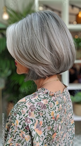 60 year old woman with gray hair, with an asymmetric bob hairstyle back view. Fashionable haircut for mature women photo