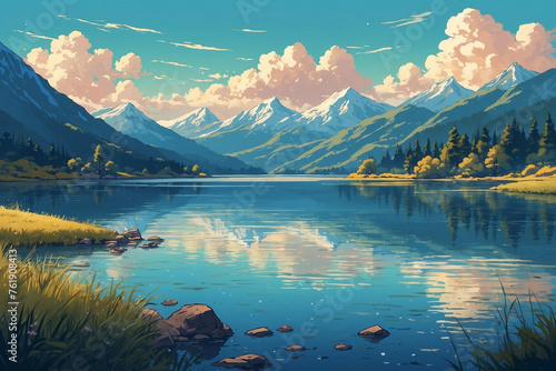 Lake in a cold mountain area. In anime style
