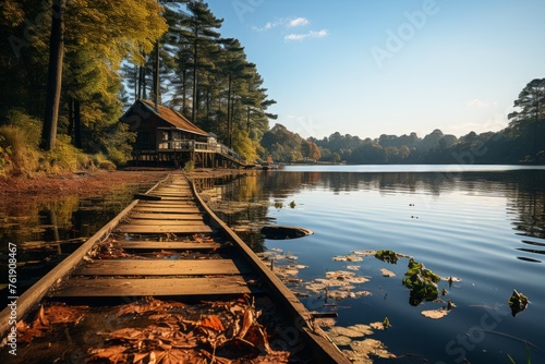 A wooden bridge over a calm lake with a cabin in the distance under a cloudy sky