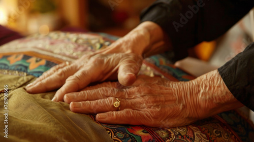 A practitioners hands gently pressing on the back of a patient demonstrating acupressure therapy. The text reads Stimulating specific pressure points on the body is believed