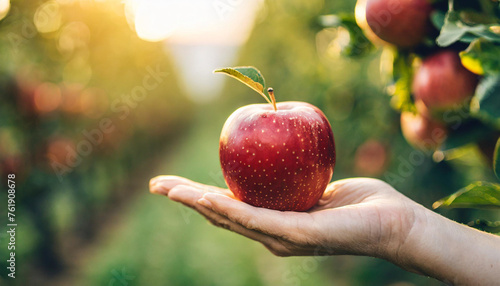 Woman's hand delicately holds apple in orchard's golden light, symbolizing harvest, temptation, and connection with nature