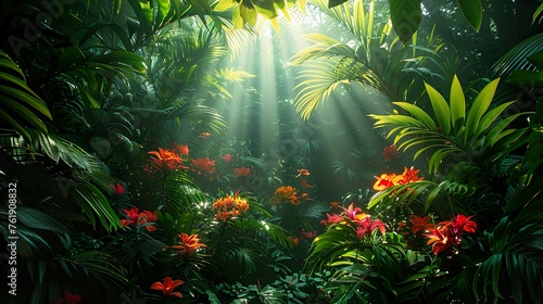 Landscape of plants in the middle of the forest with sun rays.