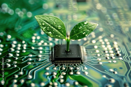 Small plant on circuit board, technology and sustainability concept..