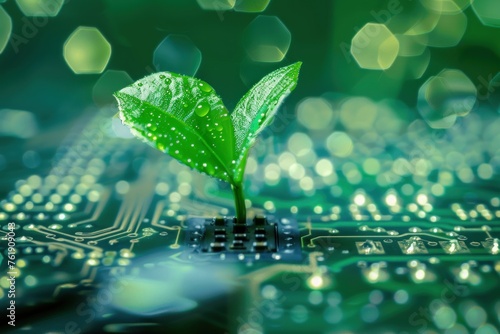 Small plant on circuit board, technology and sustainability concept..