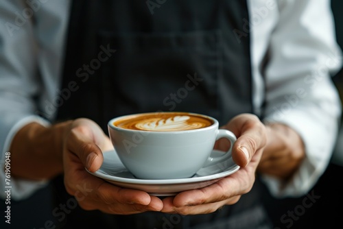 A man is holding a white coffee cup with a white saucer..
