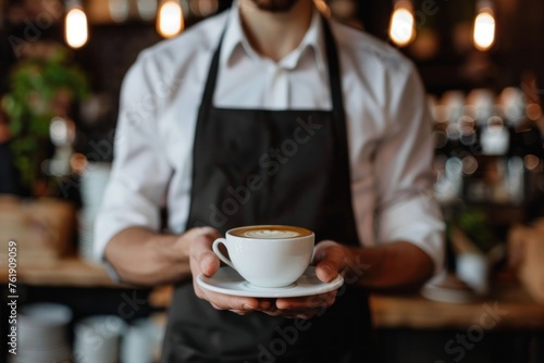 A man is holding a white coffee cup with a white saucer..